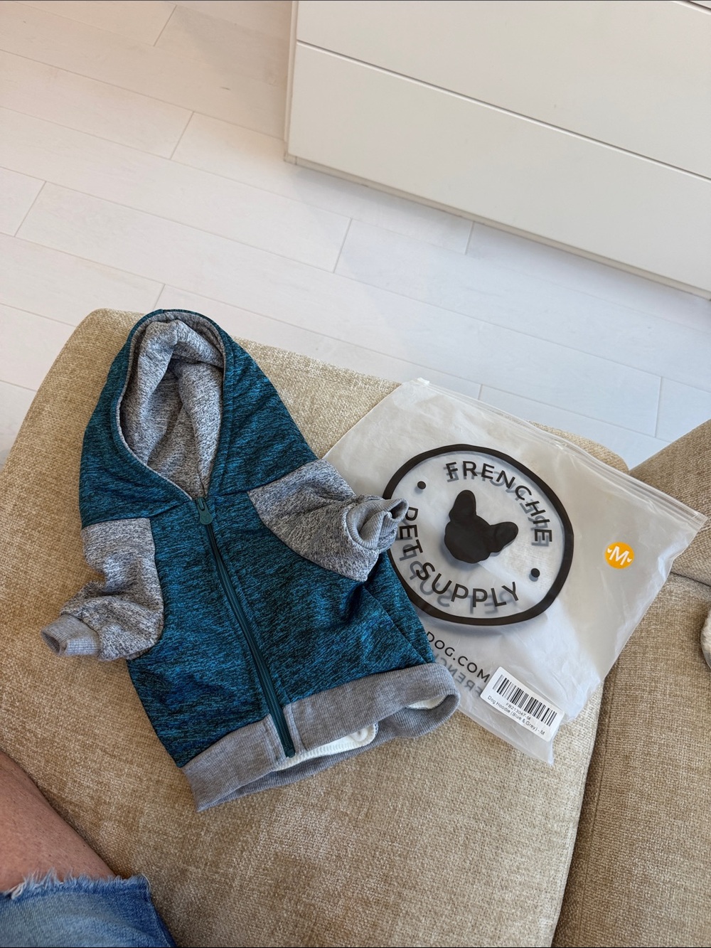 Frenchie Teal & Gray Pet Hoodie with Front Zip - Medium
